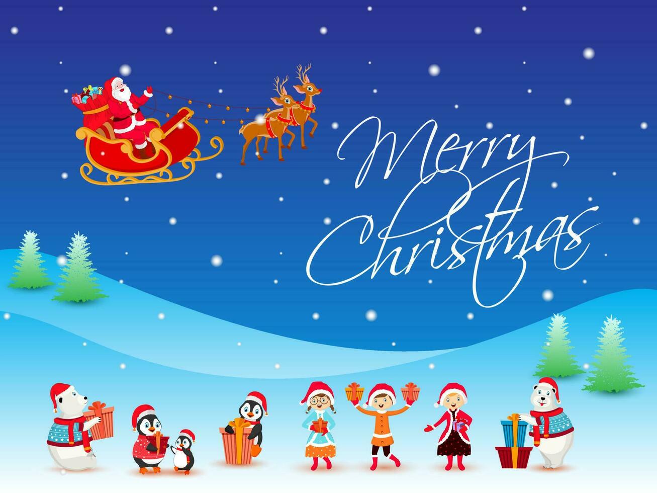 joyeux Noël fête affiche conception avec illustration de Père Noël équitation renne traîneau, enfants, manchot, polaire ours et cadeau des boites sur bleu chute de neige paysage Contexte. vecteur