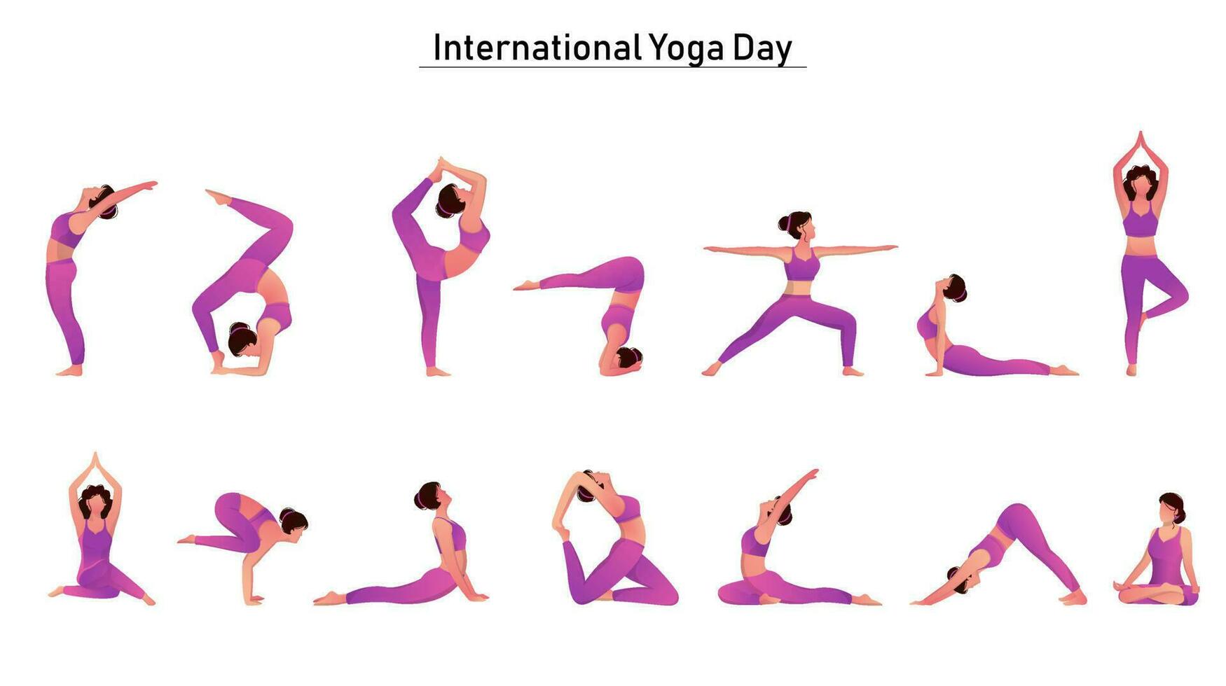 personnage de aux femmes ensemble dans différent yoga pose pour international yoga journée sur blanc Contexte. vecteur