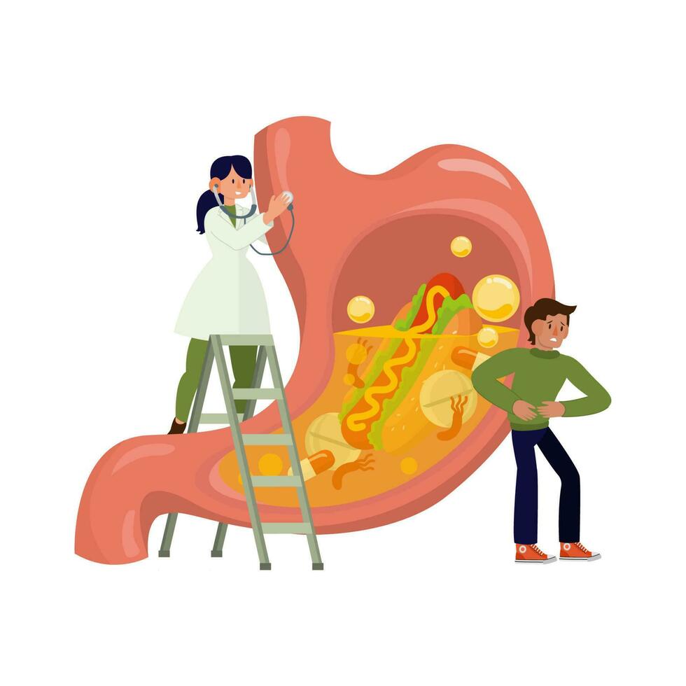 homme personnage souffrir de maux d'estomac et helicobacter maladie. patient toucher douloureux ventre à médecins rendez-vous. vecteur plat illustration