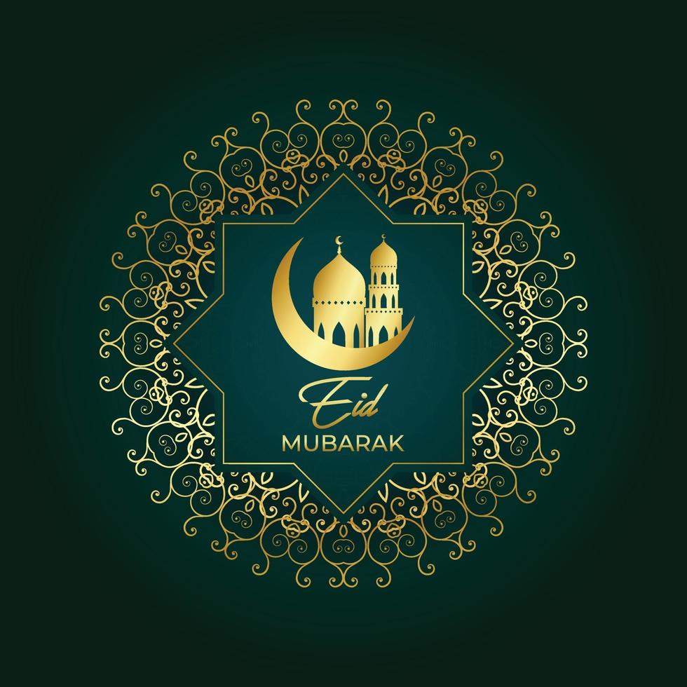 carte de voeux eid mubarak vert avec un design de couleur dorée vecteur