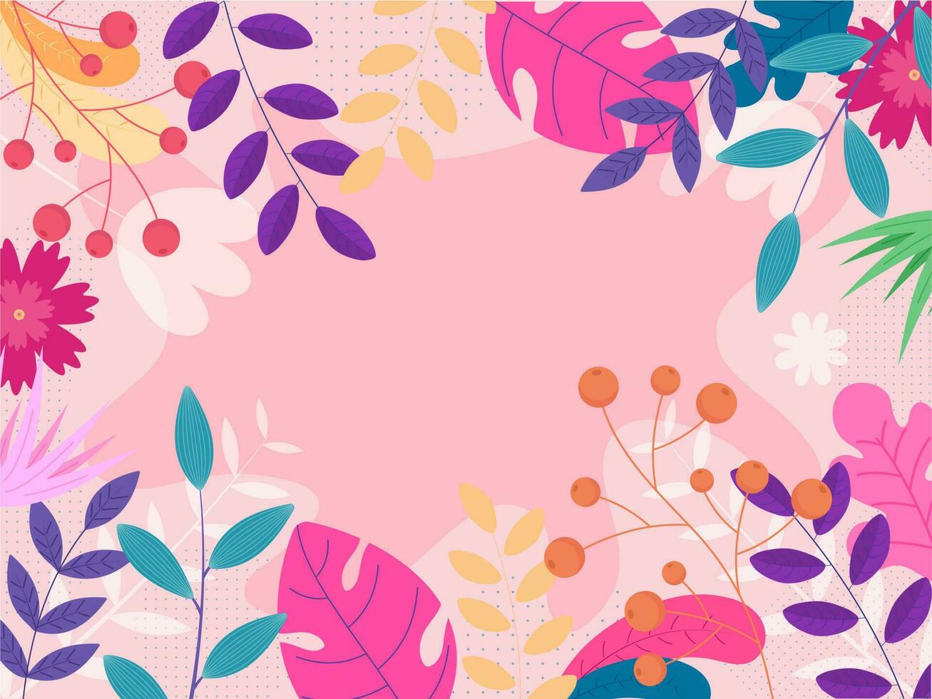 coloré fleurs avec feuilles et baie branches décoré sur pastel rose Contexte. vecteur