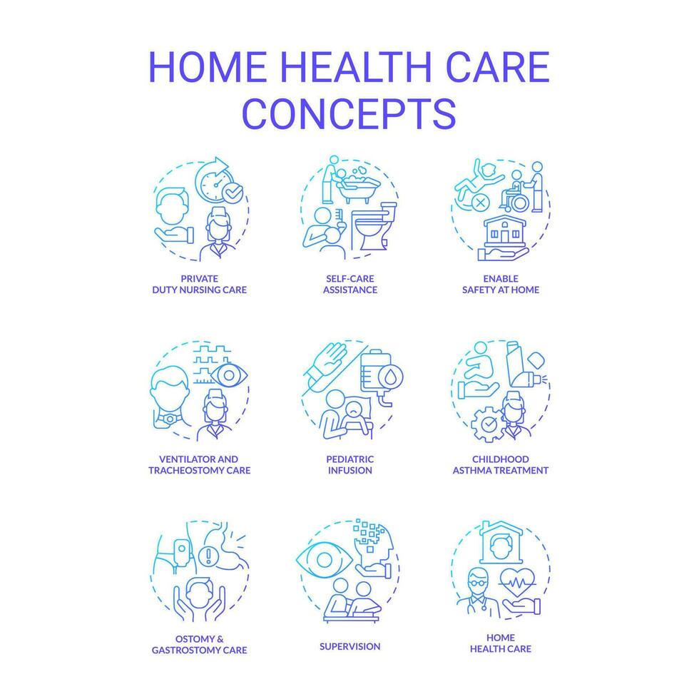 Accueil santé se soucier bleu pente concept Icônes ensemble. médical prestations de service fournisseurs. allaitement et assistance idée mince ligne Couleur illustrations. isolé symboles vecteur