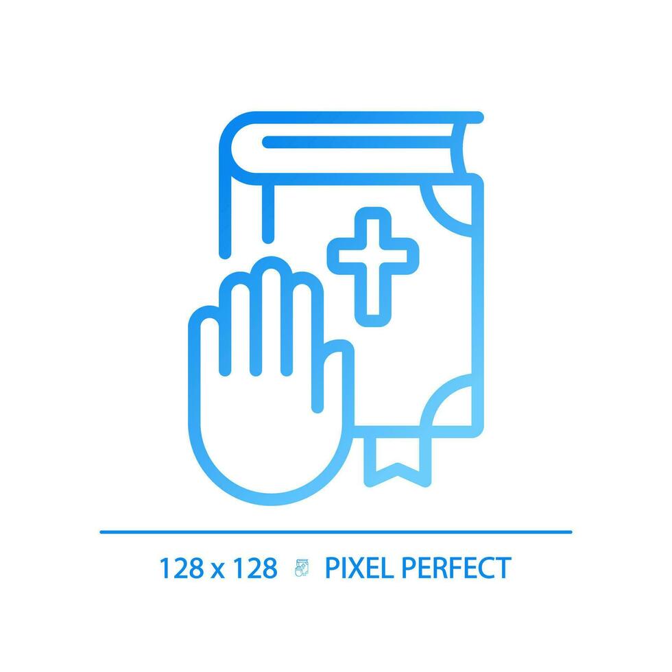 serment sur Bible dans loi tribunal pixel parfait pente linéaire vecteur icône. religieux rituel dans jugement. promettre de témoin. mince ligne Couleur symbole. moderne style pictogramme. vecteur isolé contour dessin