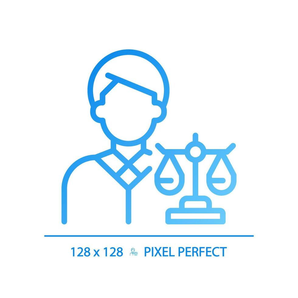 avocat dans loi pixel parfait pente linéaire vecteur icône. avocat protéger client droits dans rechercher. légal jugement. mince ligne Couleur symbole. moderne style pictogramme. vecteur isolé contour dessin