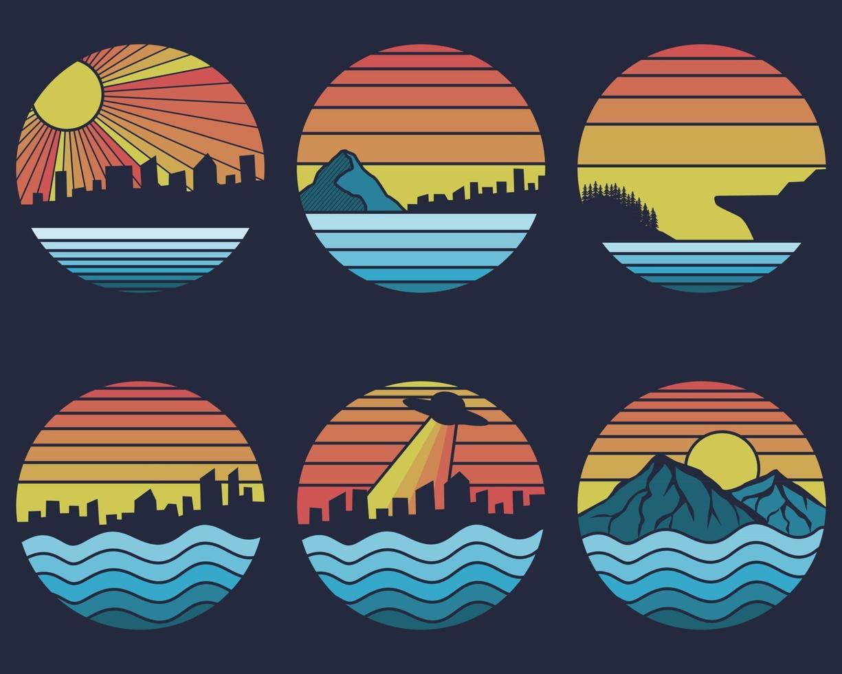 illustration vectorielle rétro du rivage coucher de soleil vecteur