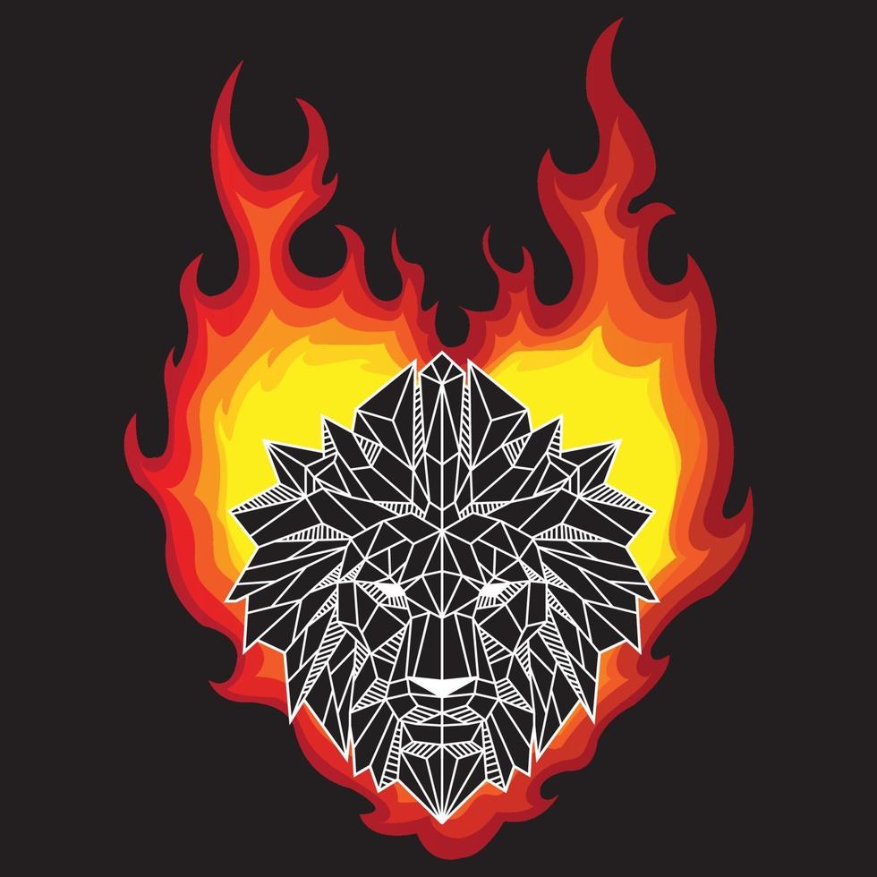 Tête de lion à faible polygone de couleur noir et blanc abstraite sur des flammes brûlantes vecteur