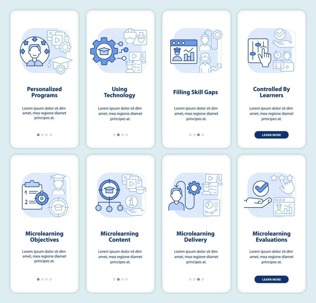 efficace enseignement approche lumière bleu l'intégration mobile app écran ensemble. procédure pas à pas 4 pas modifiable graphique instructions avec linéaire concepts. interface utilisateur, gui modèle vecteur