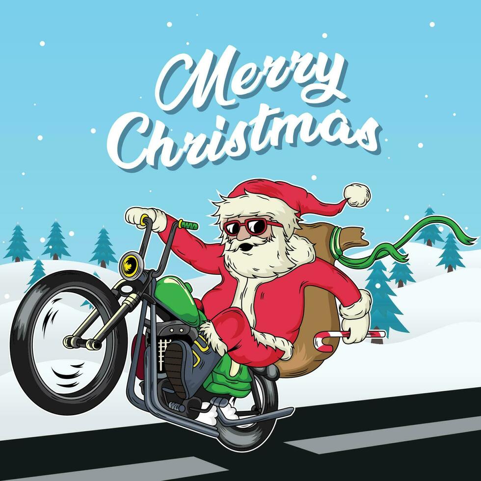 Père Noël est équitation une ancien moto dans l'hiver. vecteur icône illustration avec neige Contexte