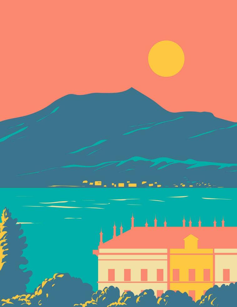 Lac Côme lago di Côme lario avec villa et Alpes et bellagio Italie wpa art déco affiche vecteur