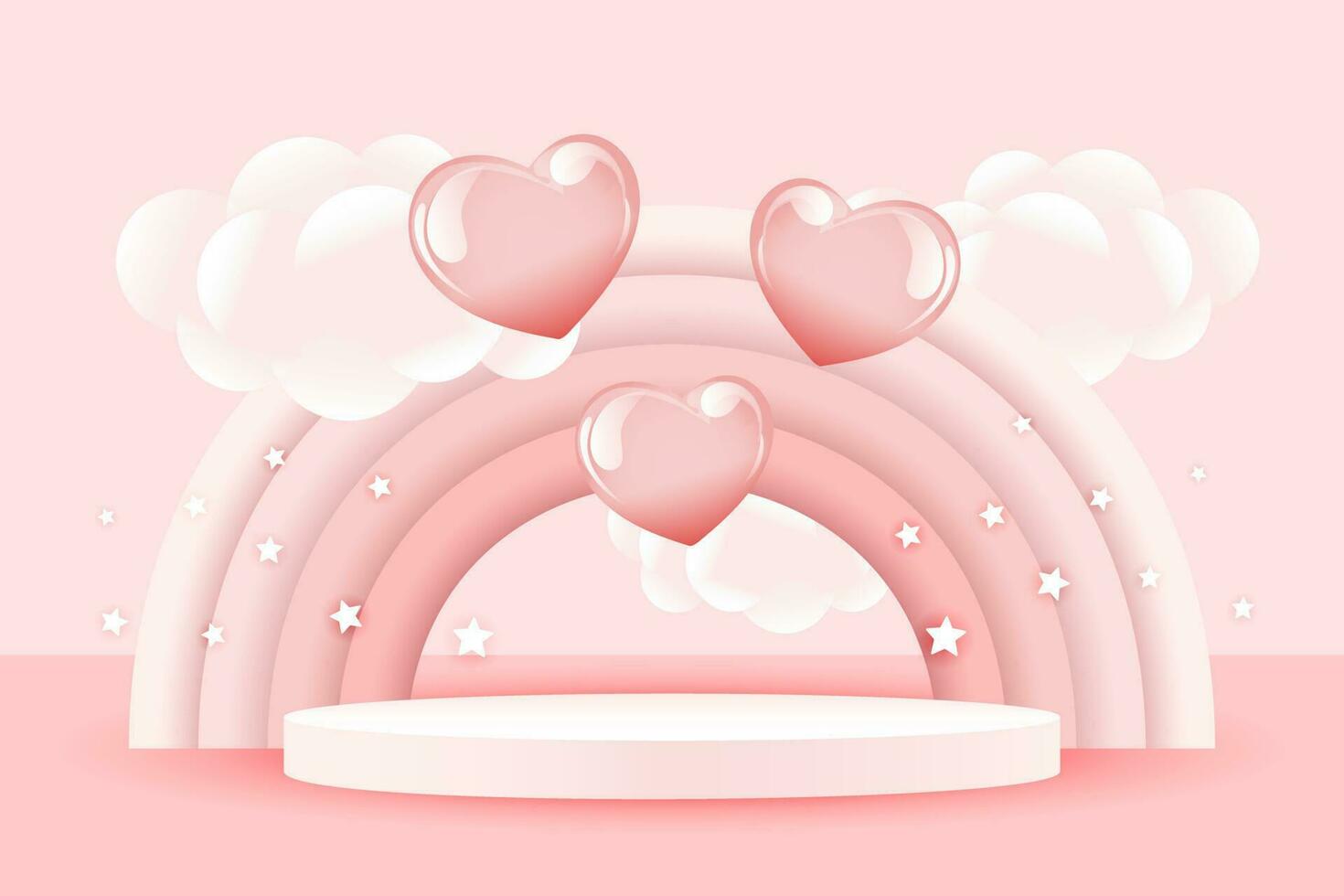 3d bébé douche, arc en ciel et podium avec des ballons et étoiles sur une pâle rose arrière-plan, puéril conception dans pastel couleurs. arrière-plan, illustration, vecteur