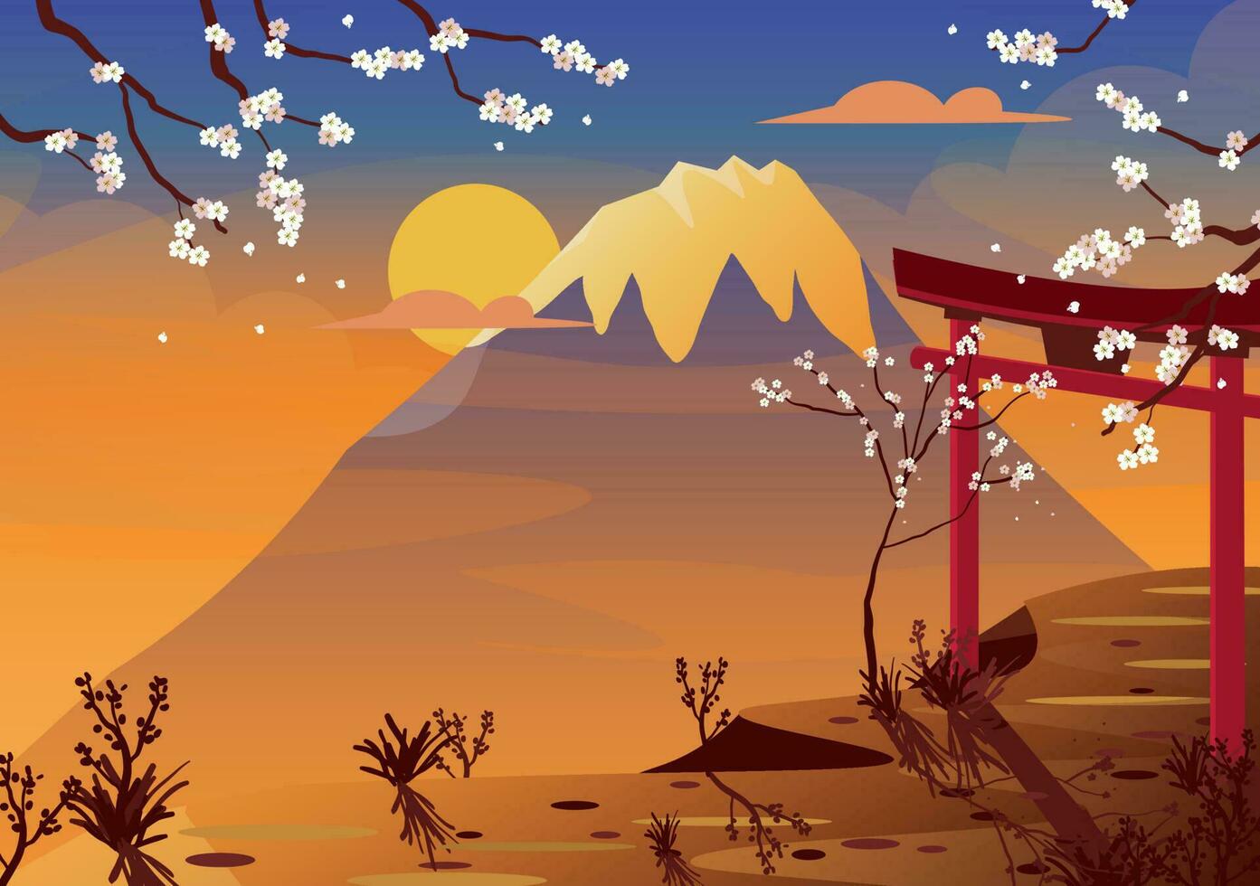 Japon tourisme vecteur. Sakura fleurir, monter Fuji, le coucher du soleil et torii tombeau. vecteur