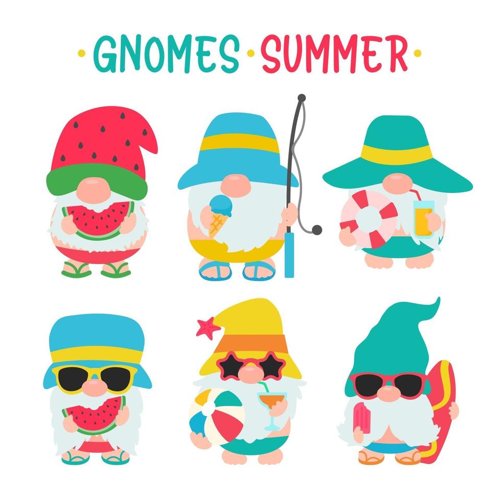 les gnomes d'été portent des chapeaux et des lunettes de soleil pour les voyages d'été à la plage vecteur