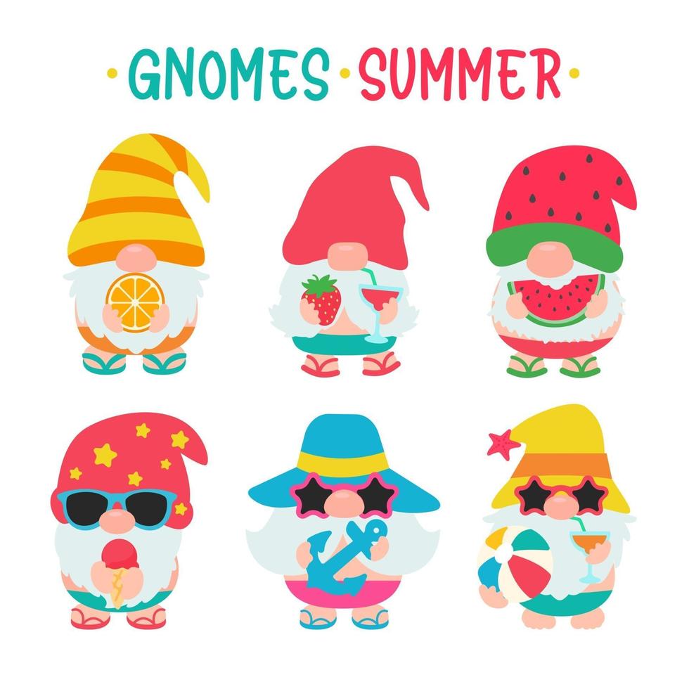 les gnomes d'été portent des chapeaux et des lunettes de soleil pour les voyages d'été à la plage vecteur