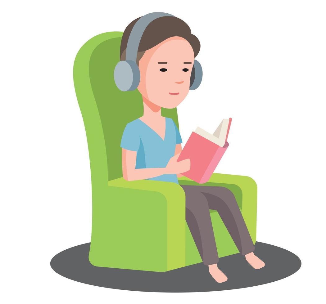 Un jeune homme reste à la maison et écoute de la musique avec un casque tout en lisant un livre sur un canapé vecteur