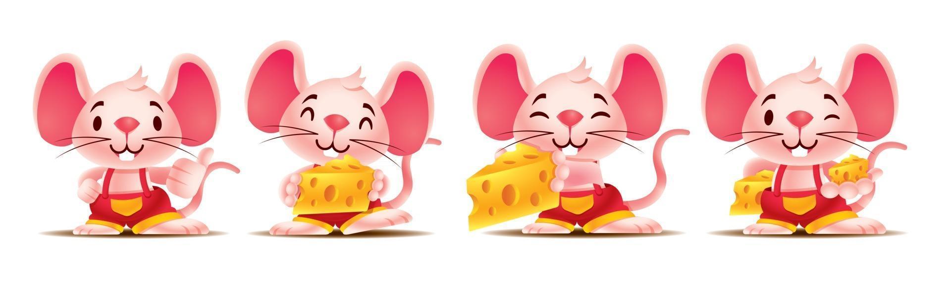 dessin animé mignon souris sertie de grandes oreilles tenant de gros fromages suisses et le pouce vers le haut dans des poses différentes vecteur