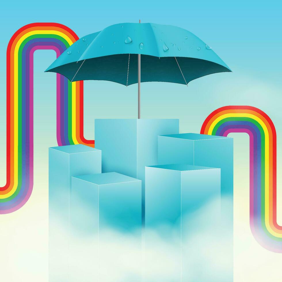 podium dans des nuages avec arc en ciel et parapluie - mousson vente concept vecteur