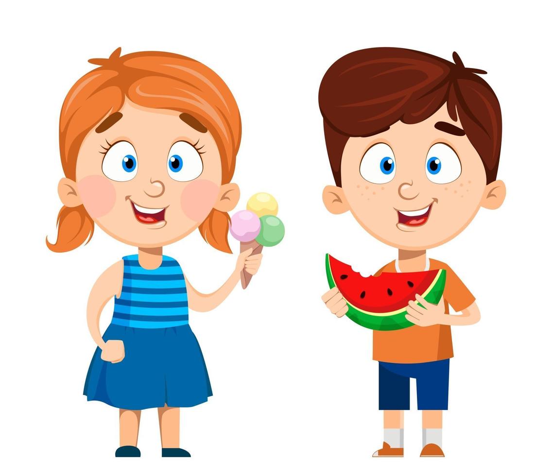 personnages de dessins animés garçon et fille ensemble de deux poses vecteur