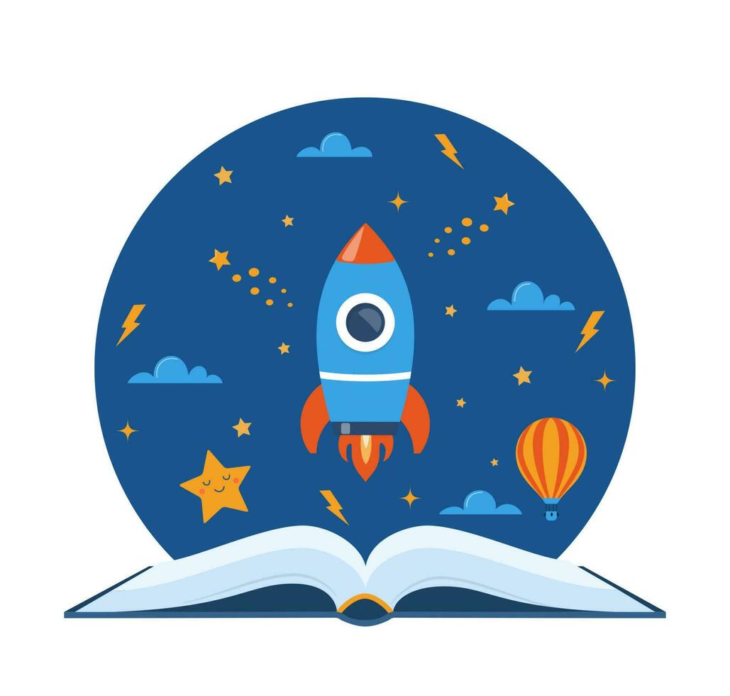 livre ouvert et éléments de l'espace. planète, fusée, étoile, nuage, aérostat. concept d'éducation pour les enfants. connaissances, créativité, découvertes. conception pour affiche de motivation éducative. retour à l'école. vecteur. vecteur