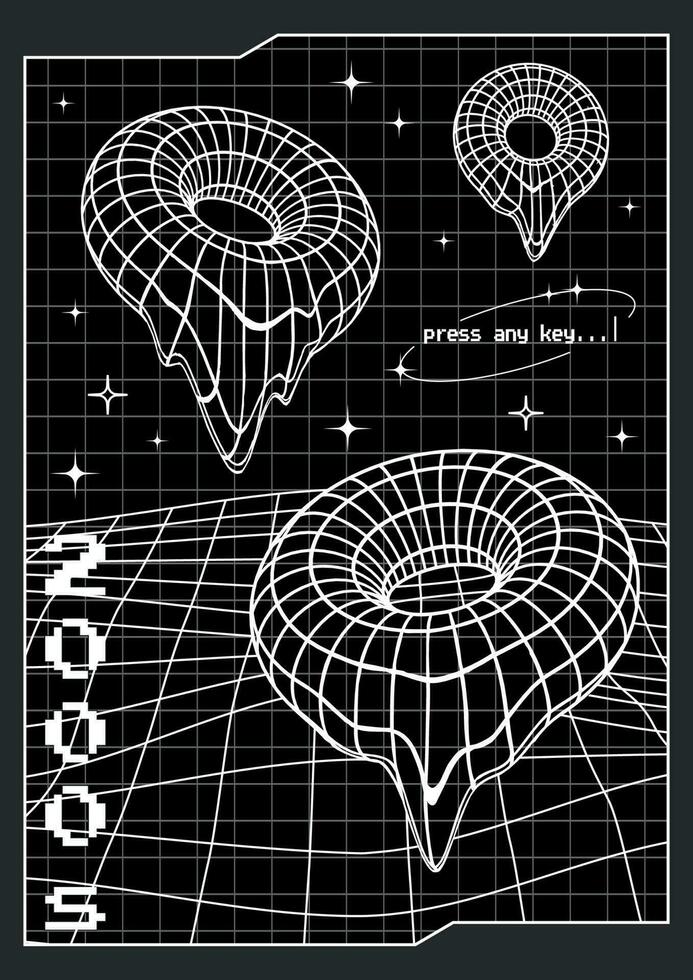 branché y2k affiche avec 3d vecteur fusion tores et étoiles sur une la grille Contexte. verticale bannière dans années 2000 esthétique.