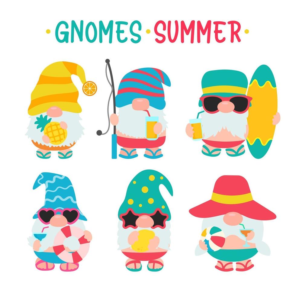 les gnomes d'été portent des chapeaux et des lunettes de soleil pour les voyages d'été à la plage vecteur