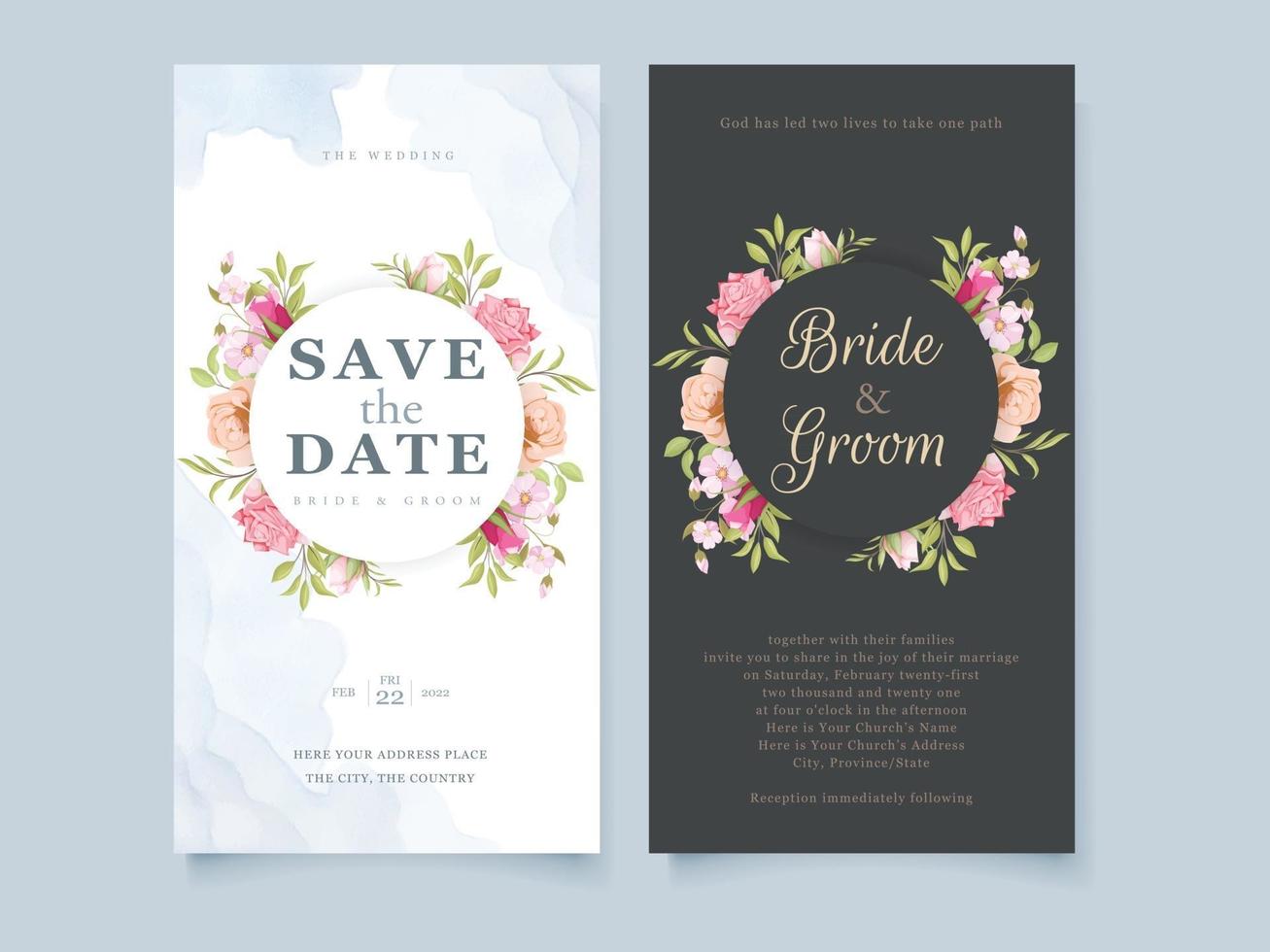 modèle de concept floral carte invitation de mariage avec fleurs et feuilles vecteur