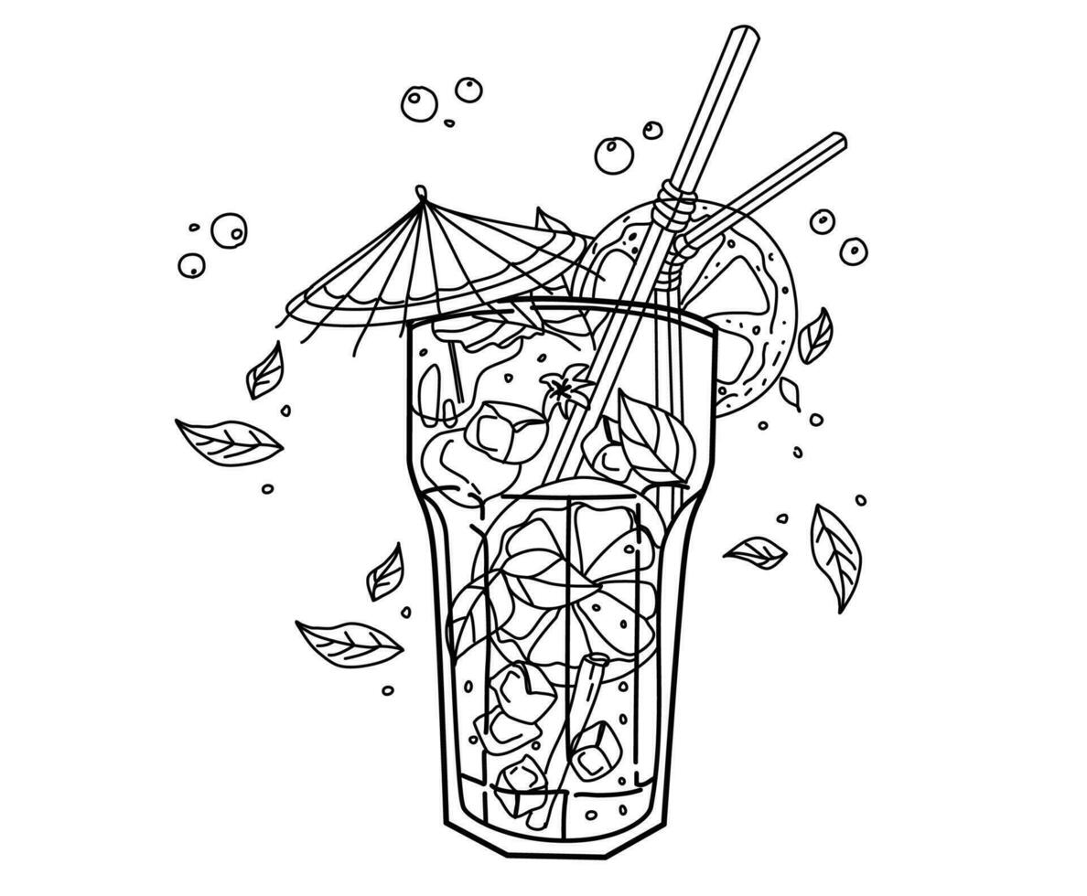 vecteur main -dessin illustration cocktail mochito noir et blanc couleur, coloration page