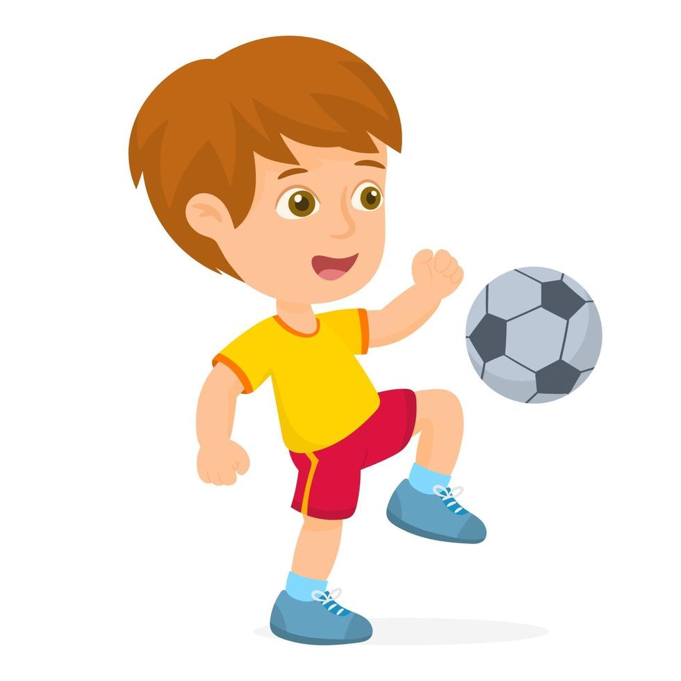 petit garçon jouant au football et botter le ballon vecteur