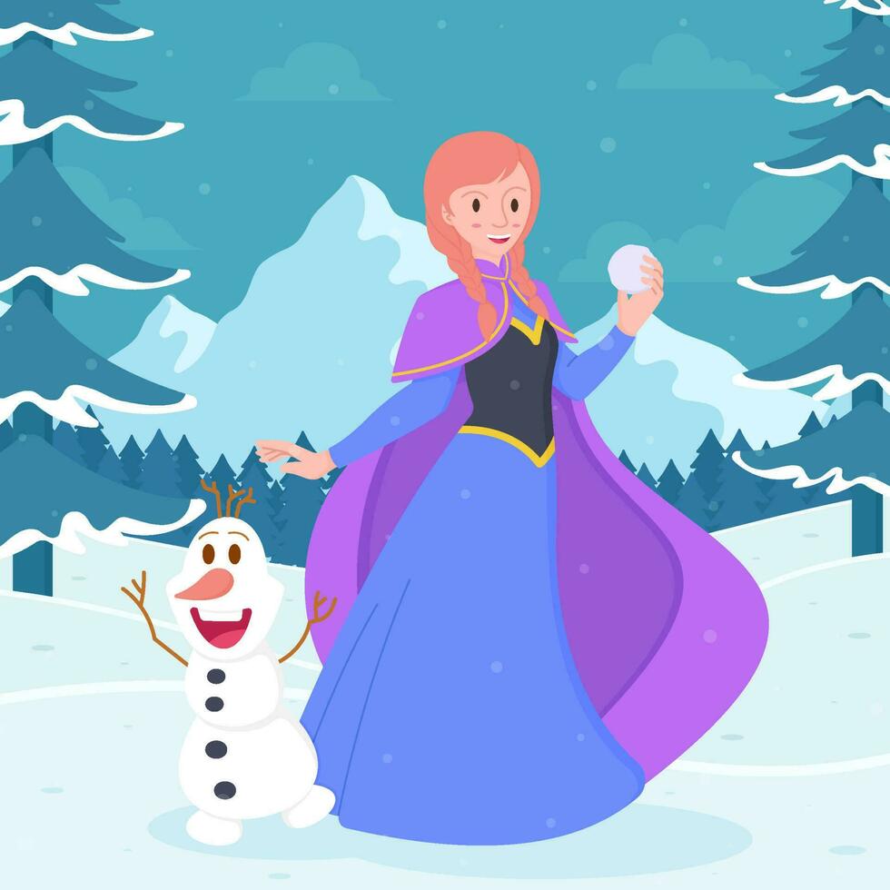 Princesse avec bonhomme de neige concept vecteur