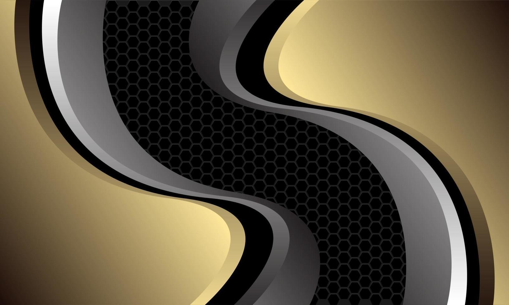 Abstrait courbe métallique gris doré sur maille hexagonale gris foncé modèle design luxe moderne fond futuriste illustration vectorielle vecteur