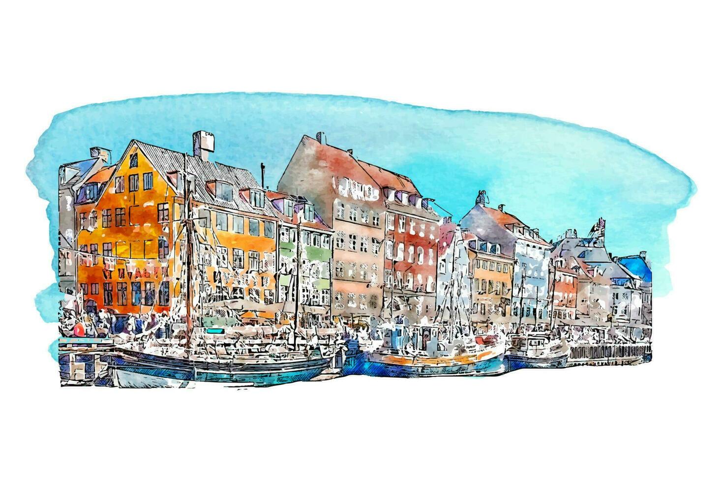 architecture Danemark aquarelle main tiré illustration isolé sur blanc Contexte vecteur