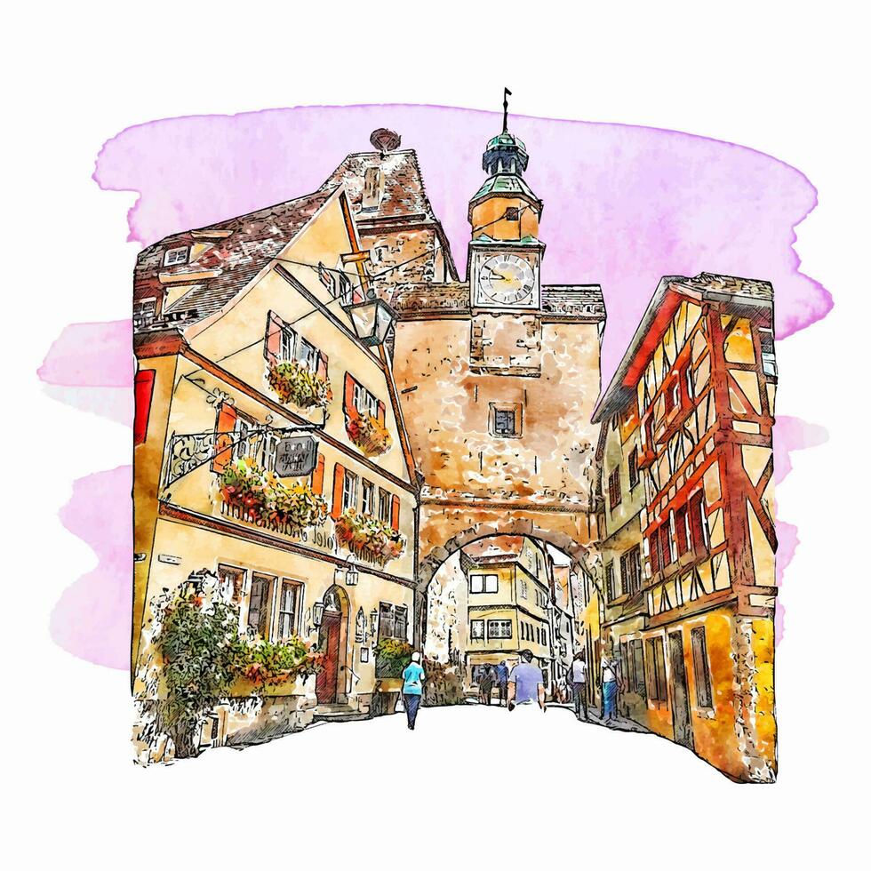 Rothenburg Allemagne aquarelle main tiré illustration isolé sur blanc Contexte vecteur