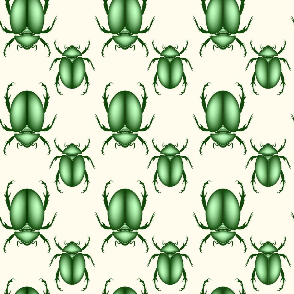 sans couture modèle de une scarabée coléoptères, vecteur insecte dans brillant vert Couleur isolé sur une blanc ancien Contexte