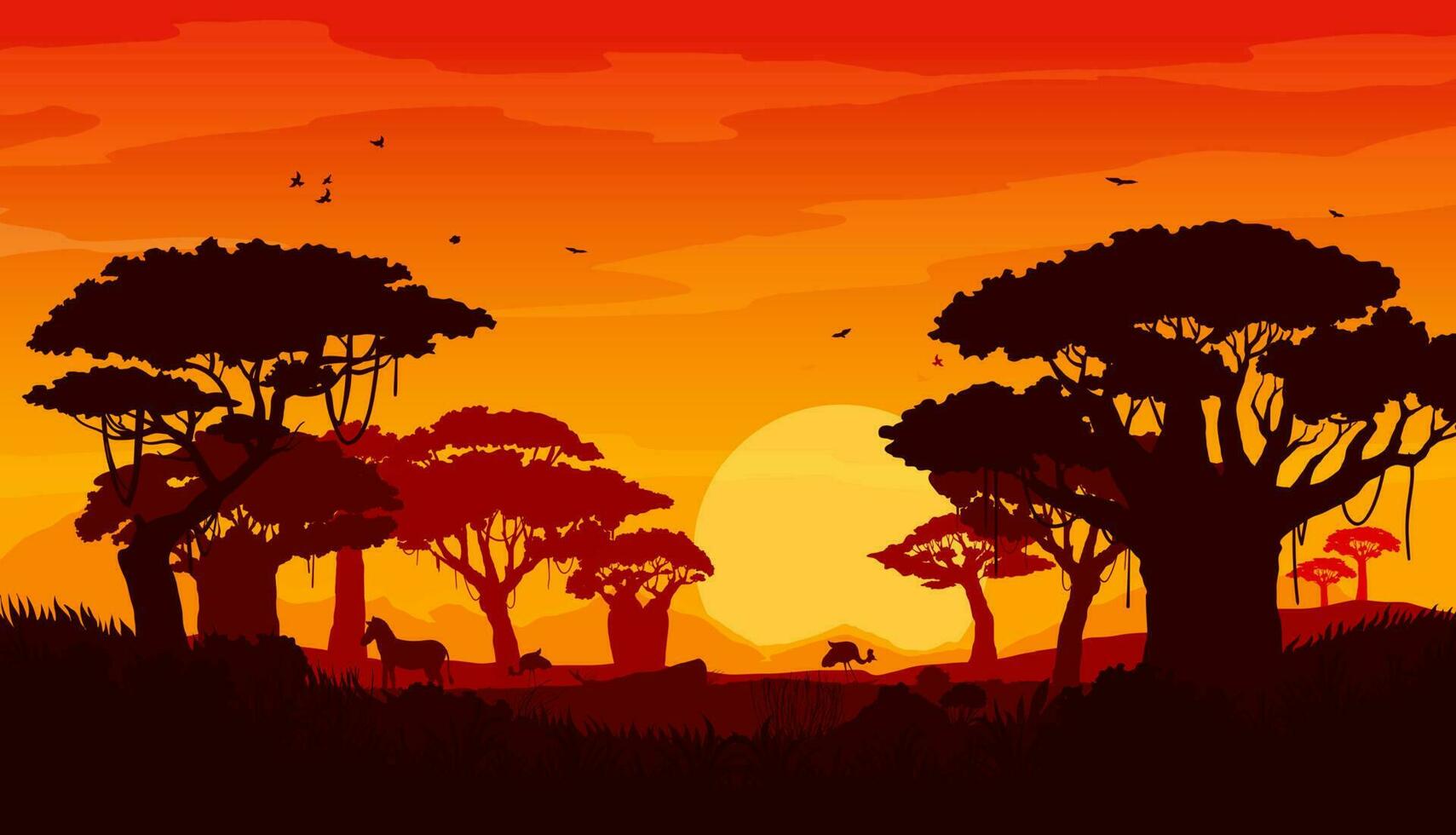 africain savane le coucher du soleil paysage silhouettes vecteur