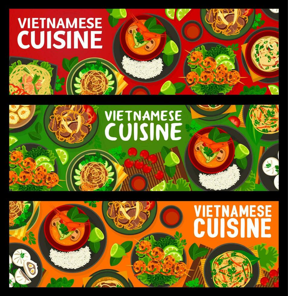 vietnamien cuisine nourriture bannières, asiatique vaisselle vecteur