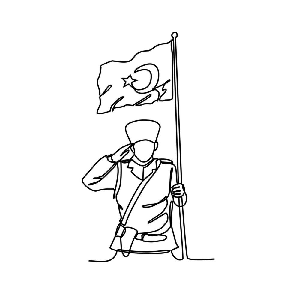 un continu ligne dessin de une soldat en portant une turc drapeau. dinde patriotique dans Facile linéaire style. dinde patriotique conception concept vecteur illustration