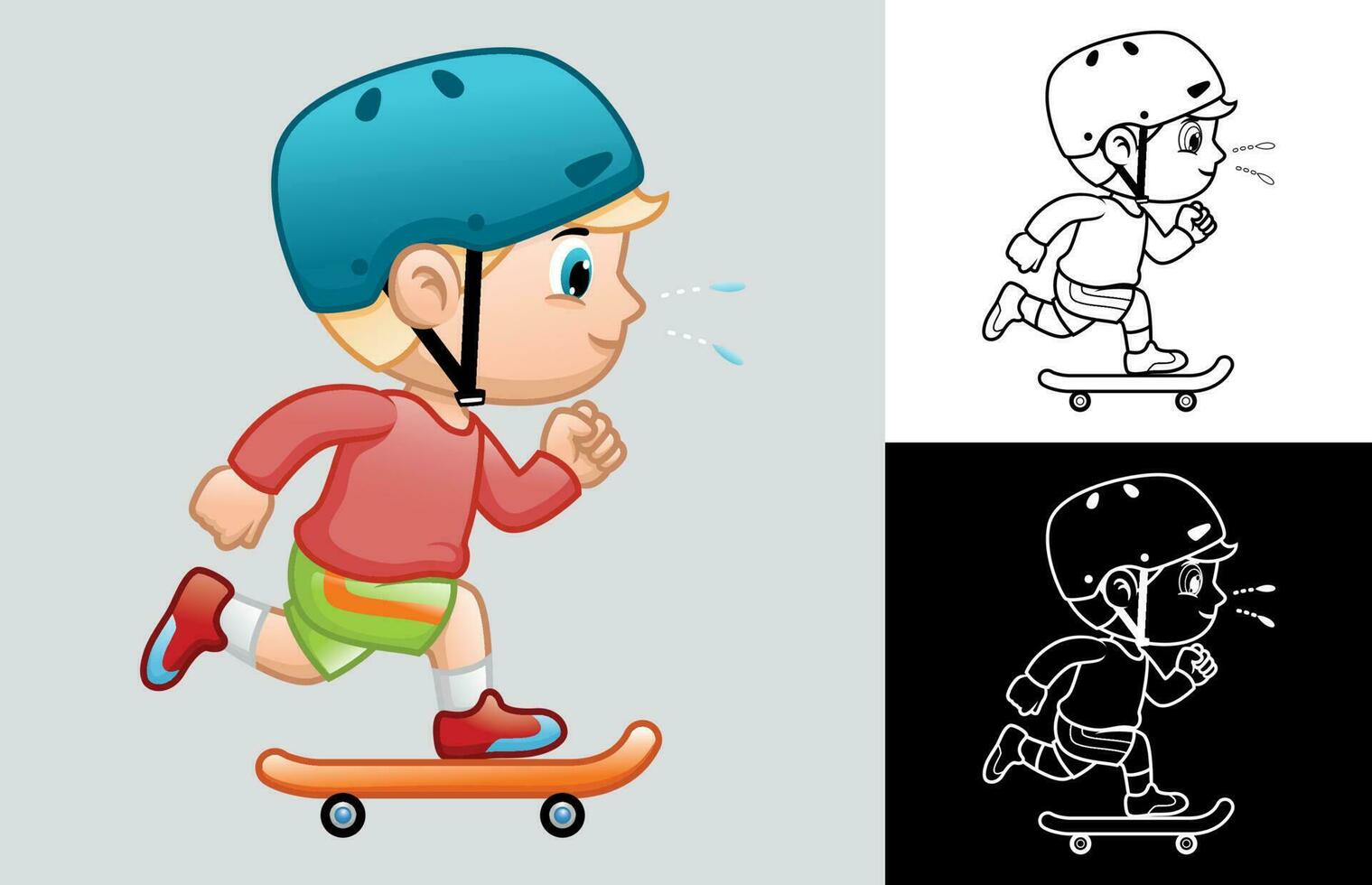 vecteur dessin animé de peu garçon portant casque en jouant planche à roulette