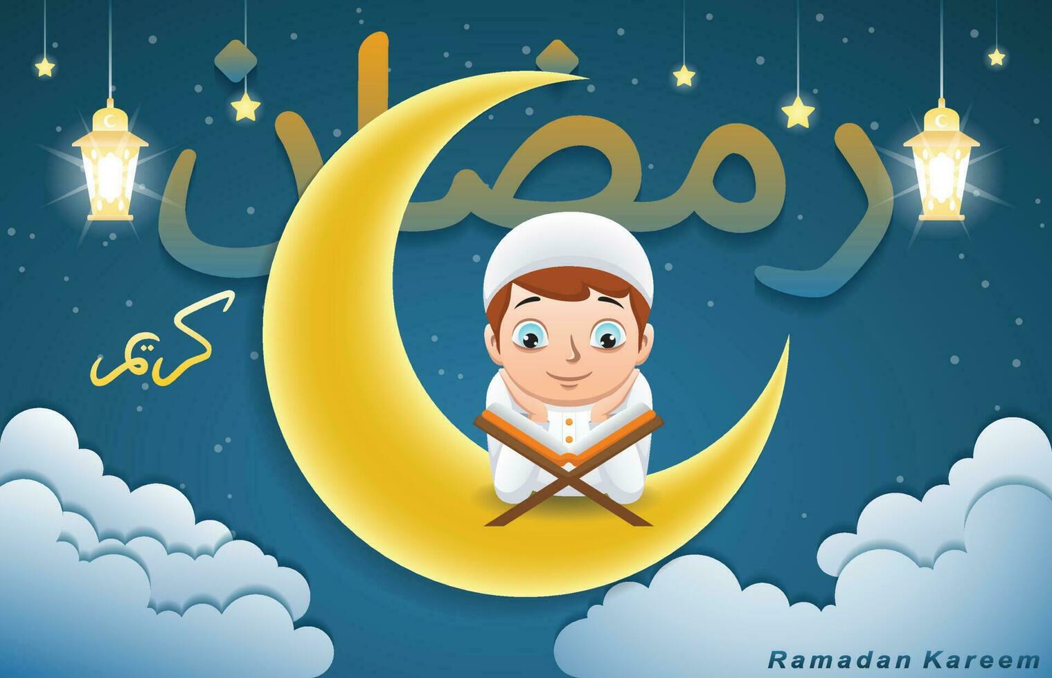 musulman des gamins dessin animé en train de lire coran sur croissant lune à Ramadan nuit vecteur
