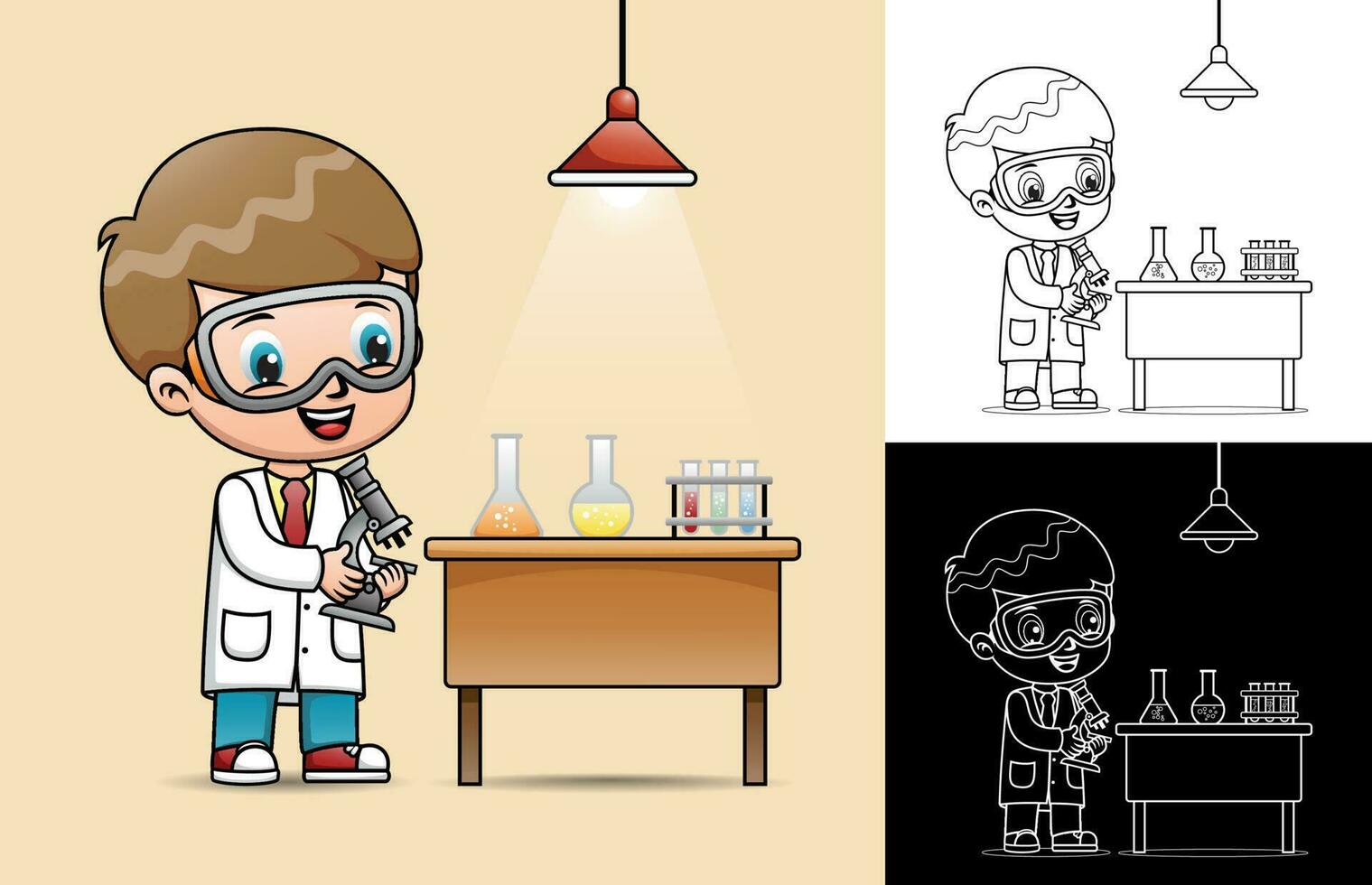 peu scientifique dessin animé en portant microscope dans laboratoire avec liquide chimie tube vecteur