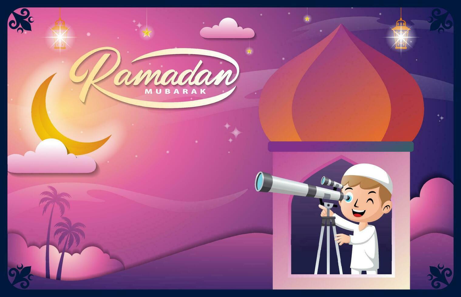 musulman enfant dessin animé à la recherche par une télescope dans croissant lune à Ramadan nuit vecteur