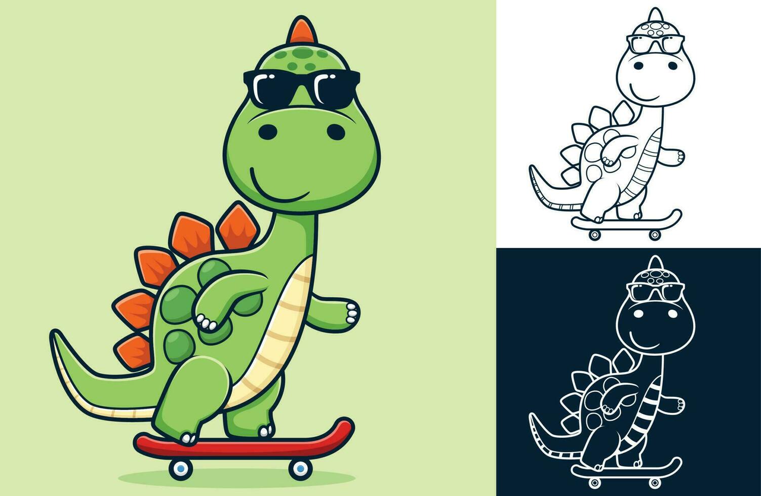 vecteur illustration de dessin animé dinosaure avec des lunettes de soleil en jouant planche à roulette