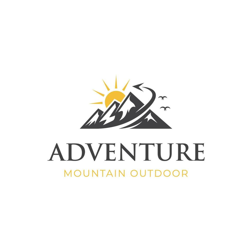 ancien Montagne paysage ancien logo avec rochers et mouche avion pour voyageur, branché aventure en voyageant logo illustration vecteur