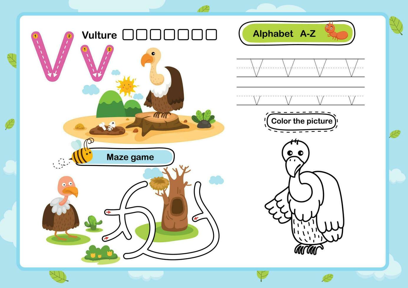 alphabet lettre v-vautour exercice avec dessin animé vocabulaire illustration, vecteur