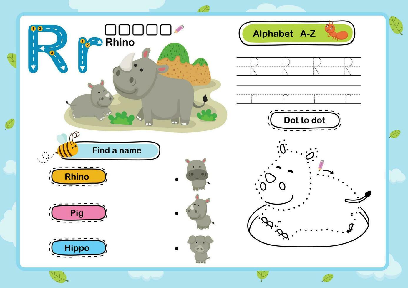 alphabet lettre r-rhino exercice avec dessin animé vocabulaire illustration, vecteur