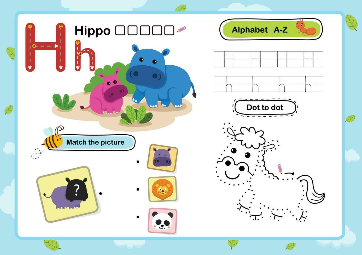 alphabet lettre h-hippopotame exercice avec dessin animé vocabulaire illustration, vecteur