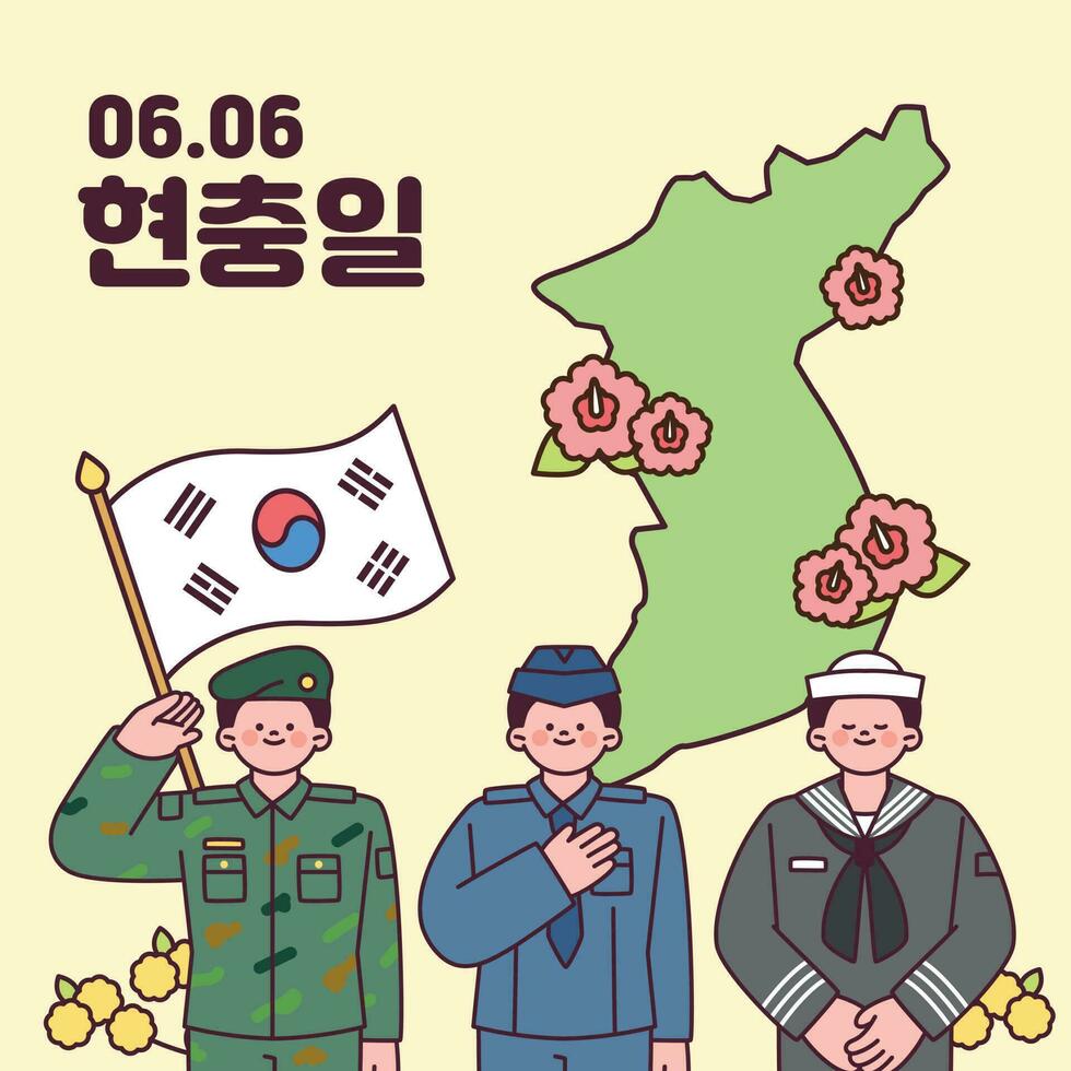 Sud Corée Mémorial journée. juin 6. soldats dans militaire uniforme dans de face de une carte de Sud Corée. vecteur