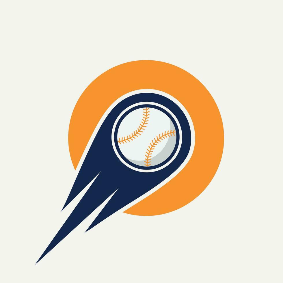 concept de logo de baseball lettre o avec modèle vectoriel d'icône de baseball en mouvement