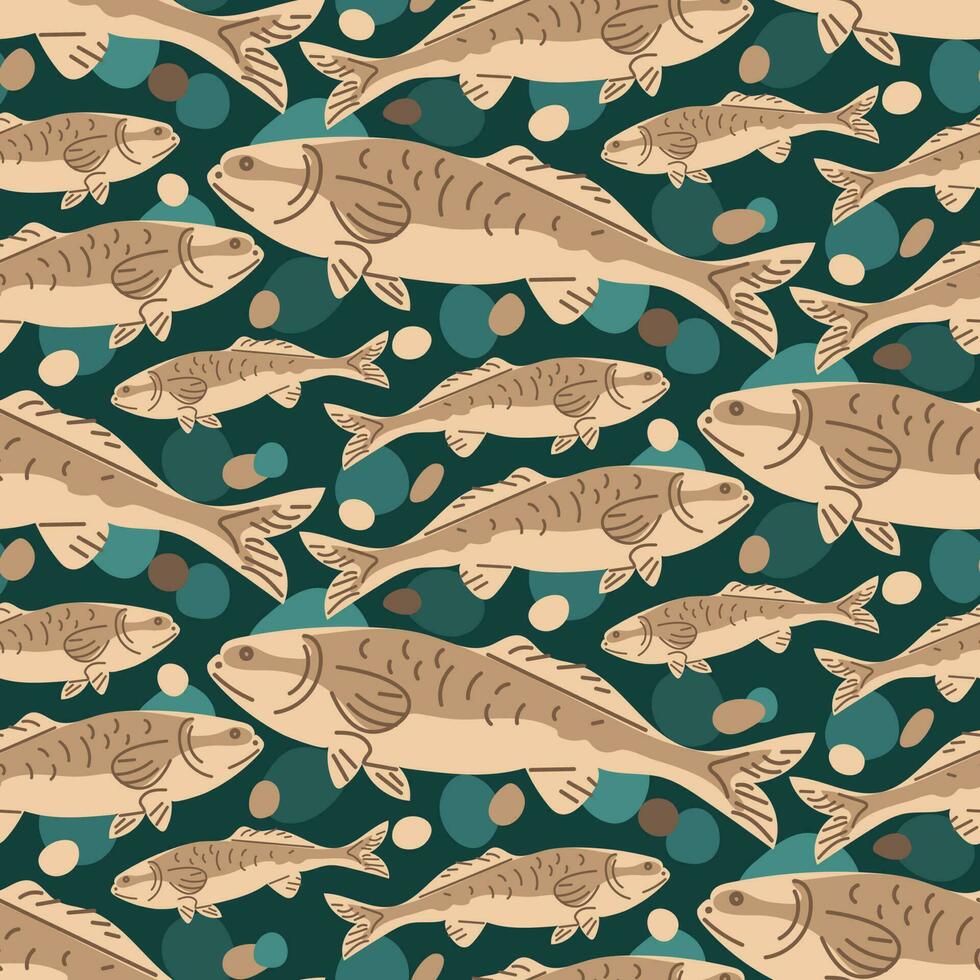 une modèle de énorme beige poisson nager sous-marin avec air bulles sur une bleu Contexte. dessin animé vecteur illustration avec répéter poisson dans ancien style. impression sur textiles et papier
