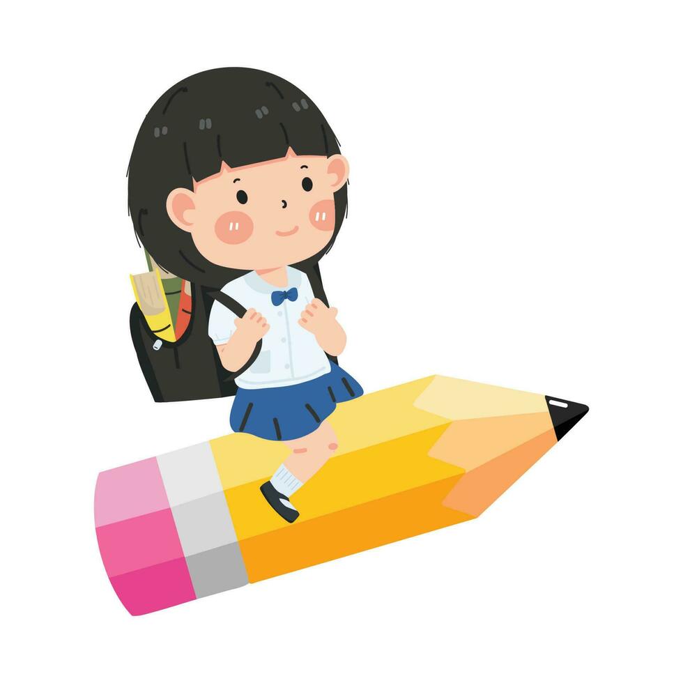 enfant fille étudiant en volant avec crayon vecteur