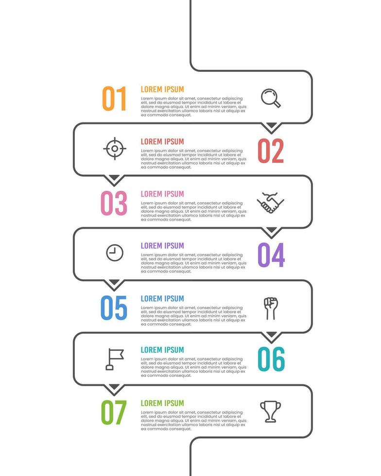 verticale infographie chronologie sept pas à succès. jalon, feuille de route, calendrier. vecteur illustration.