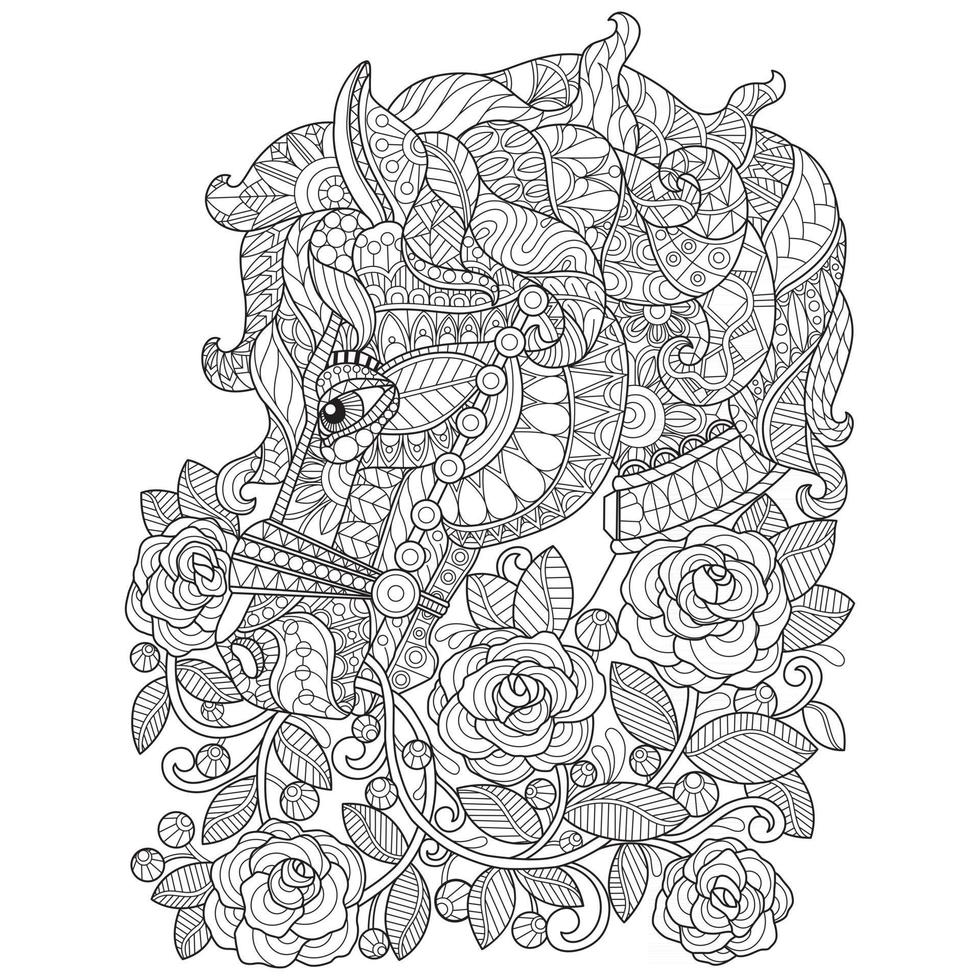 cheval dans le jardin de roses croquis dessiné à la main pour livre de coloriage adulte vecteur